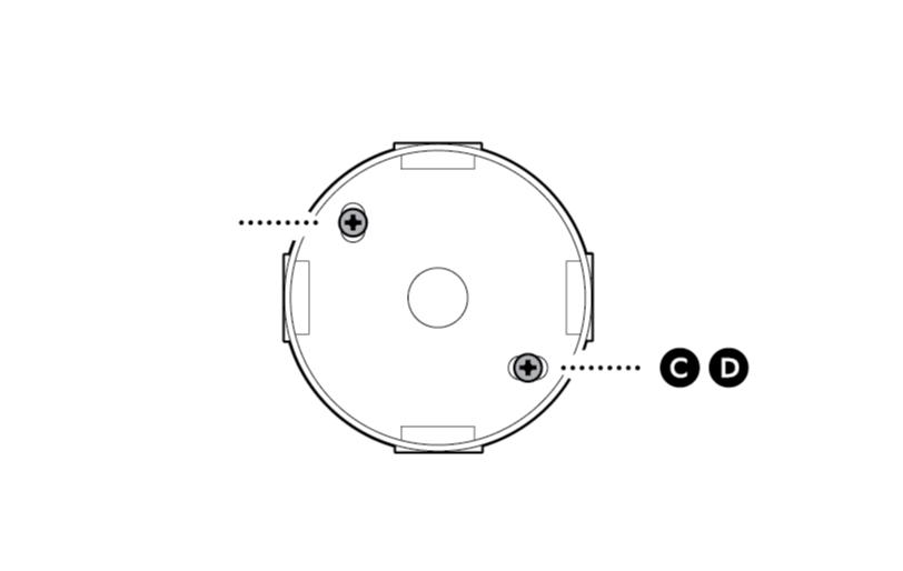 Illustration to show installation of the junction box with the included screws, labelled C and D.