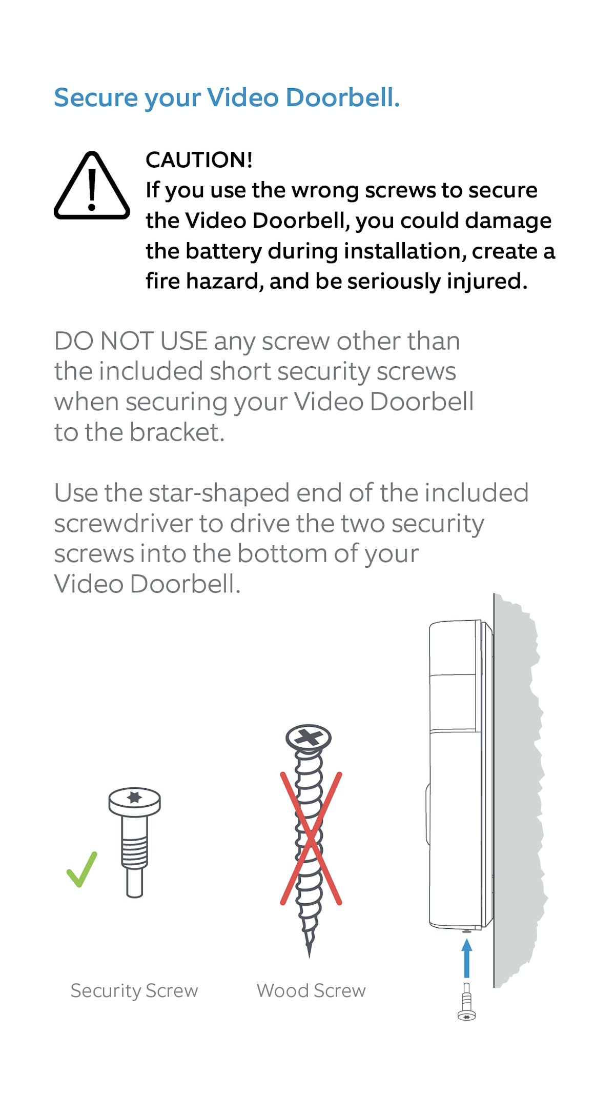 Comparison Diagram: A security screw (marked as correct choice) next to a wood screw (marked as incorrect choice) for Ring Video Doorbell 2nd Gen installation.