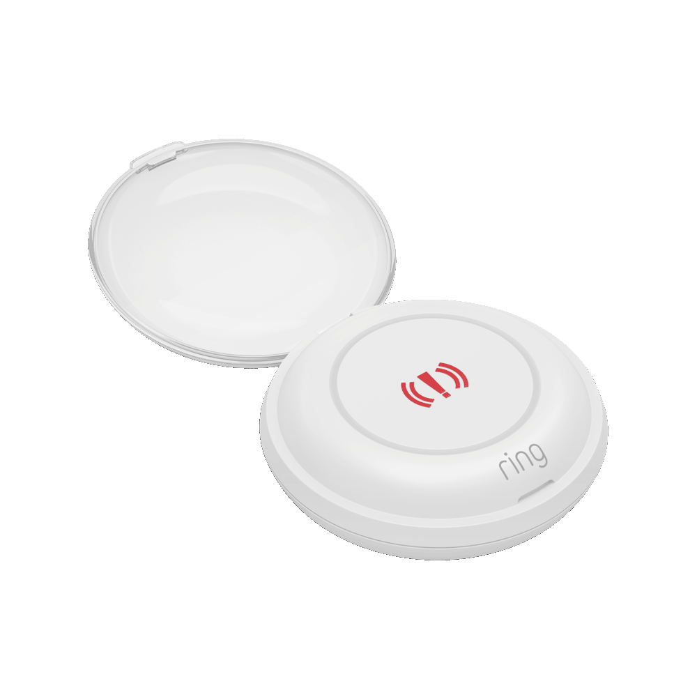 Panic Button (2nd Gen) with the cover open and a green circle LED light flashing 3 times around a red exclamation point. 