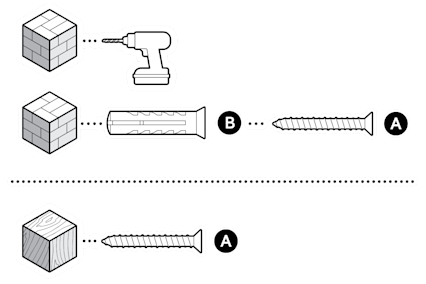 An illustration of included screws and wall anchors for wall installation on stucco, brick, or wood.