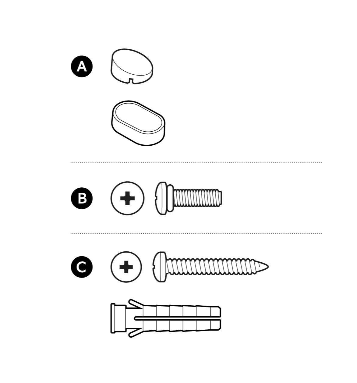 Illustration to show the included hardware, rubber caps, screws and wall anchors.