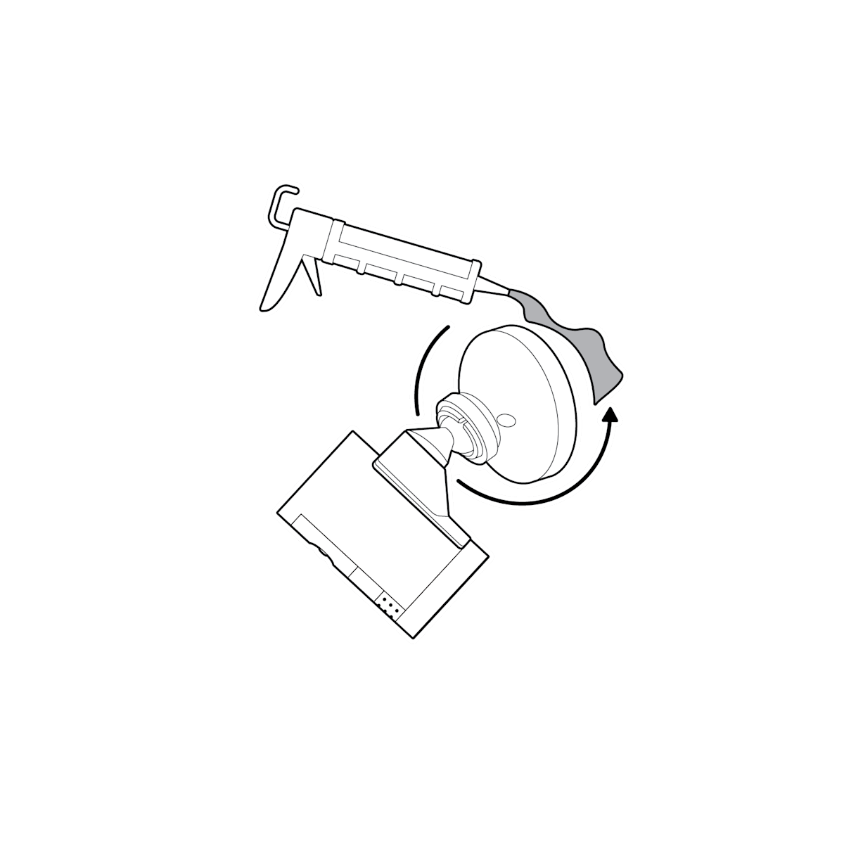 Illustration of a camera mount with a caulk gun with caulk coming out and an arrow circling around the base that is installed on the surface. 