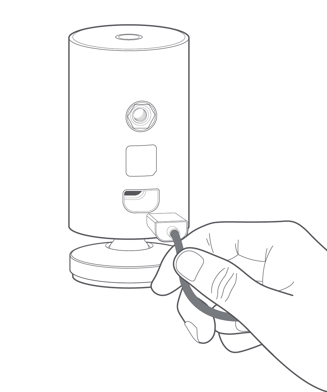 Illustration showing the USB-C power cable and the plug receptor on the back of the indoor cam. 