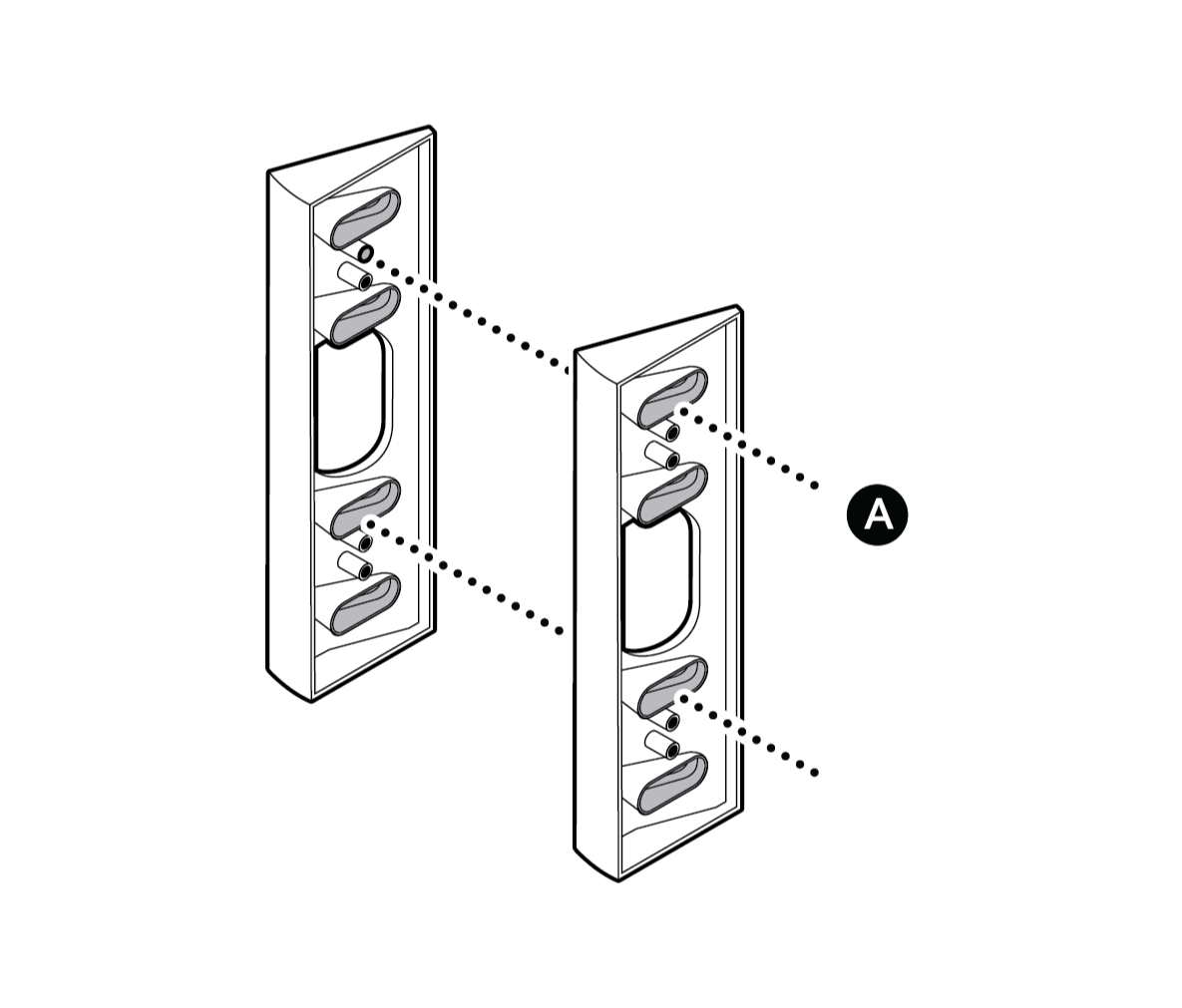 Two corner mounts being stacked and held together using screws labelled A.