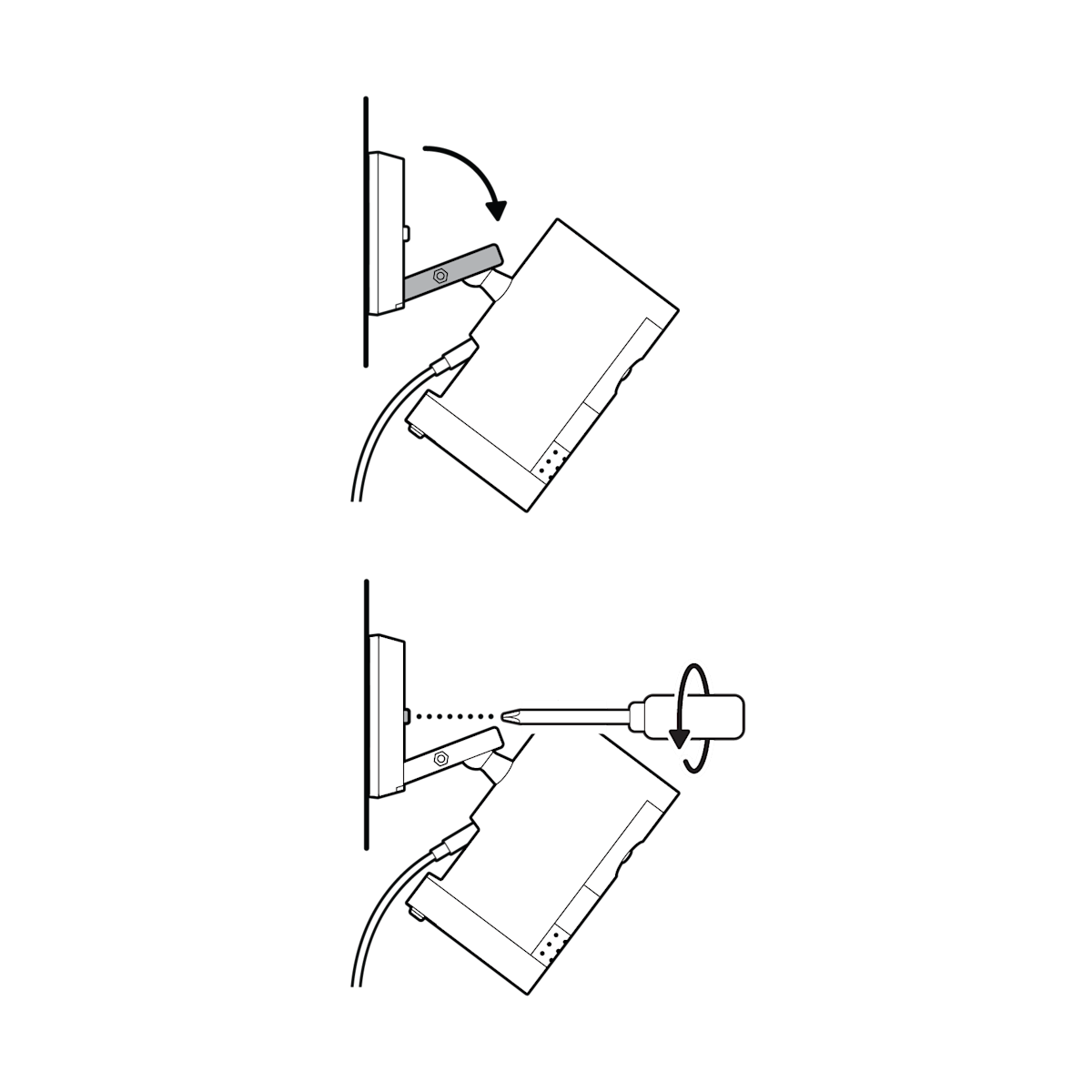 Illustration of camera mount unclasped and a screwdriver tightening the security screw.