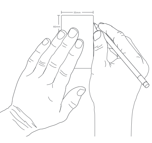 Illustration of hands holding a mounting bracket and using a pencil to trace around it on a wall.