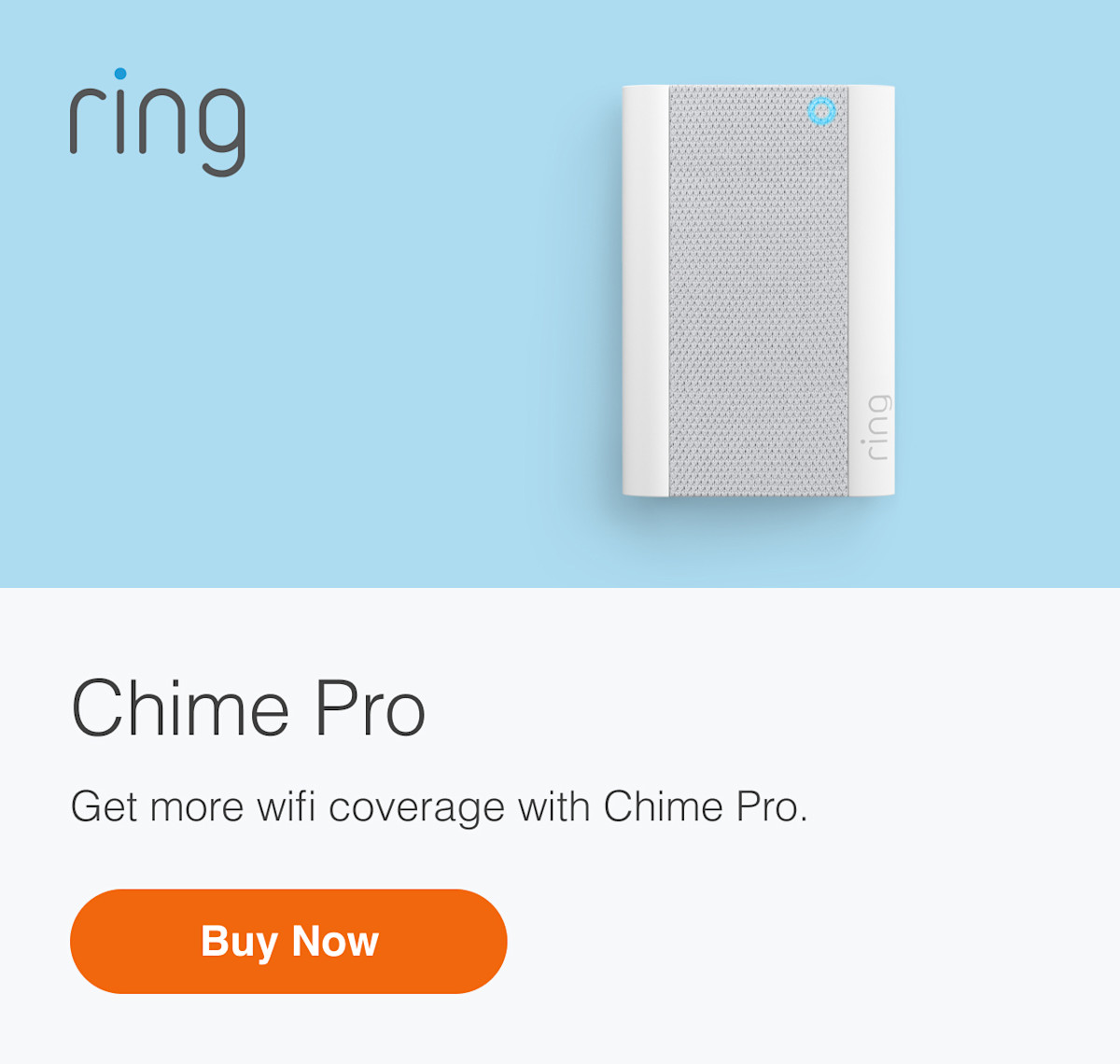 Ring Chime Pro WiFi extender device on light blue background and buy now button.