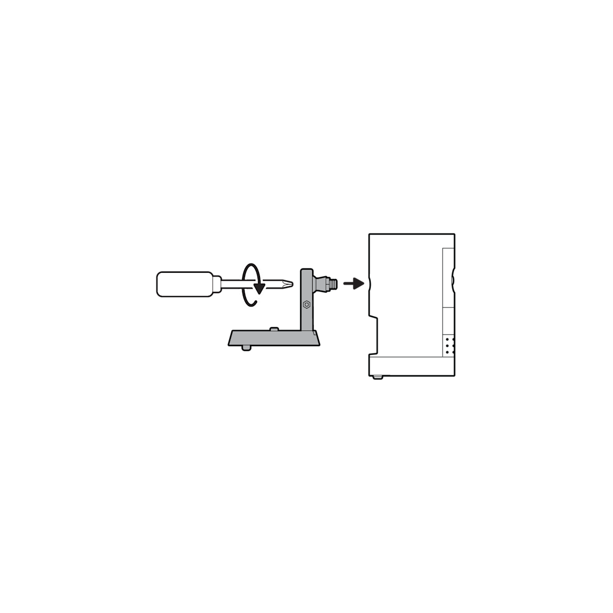Illustration of a screw driver screwing in the screw to attach the camera mount to the back of the camera.