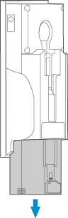 Illustration with arrows showing the battery being pulled down and out of the Peephole Cam.
