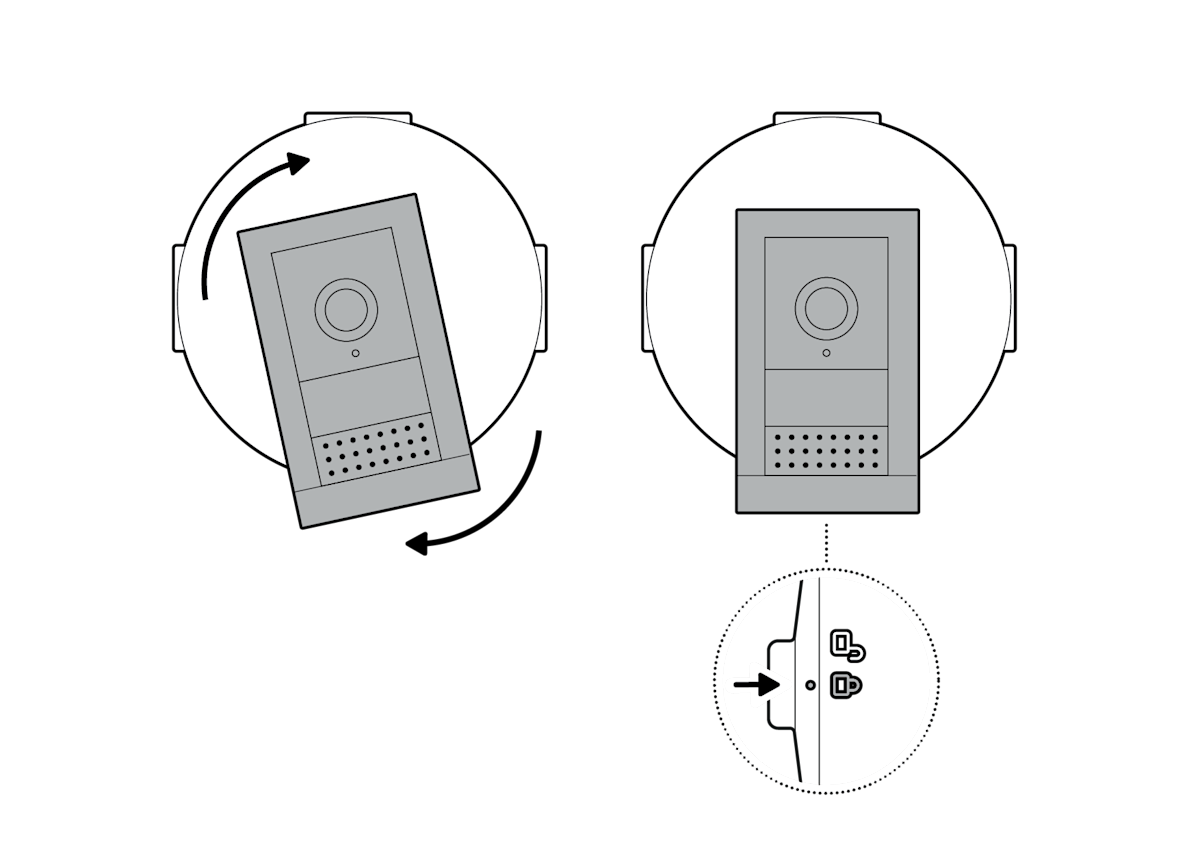 Diagram showing camera rotation to lock position on Power over Ethernet adapter, with arrows indicating clockwise turn and lock symbol alignment.