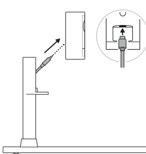 Illustration showing inserting the USB connector into the port on the back of the camera. Zoomed circle shows an arrow pointing to the port opening.
