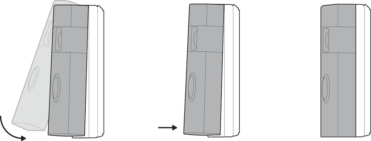 Illustration of how to attach the Ring Battery Doorbell to the No Drill Mount Mounting Bracket.