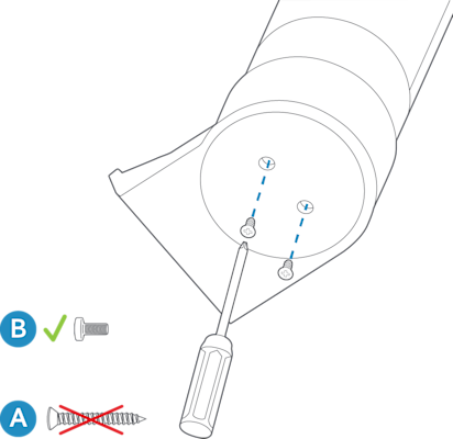 Illustration showing the correct short screw and incorrect long screw to attach camera to base.