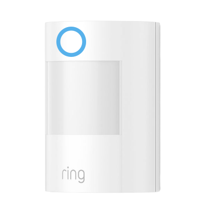 A motion detector with a blue circular light at the top flashing five times quickly every minute and the word "ring" at the bottom.