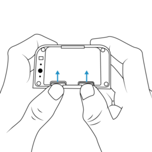 Hands holding an Outdoor Contact Sensor with blue arrows indicating upward motion to remove battery. 