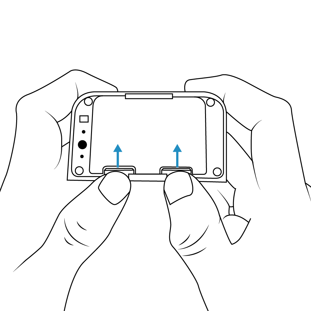 Hands holding an Outdoor Contact Sensor with blue arrows indicating upward motion to remove battery. 