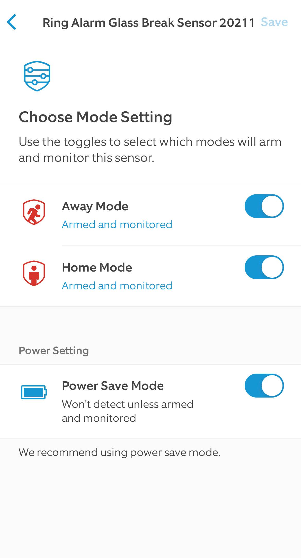 Mode settings screen for Ring Alarm Glass Break Sensor with toggle switches.
