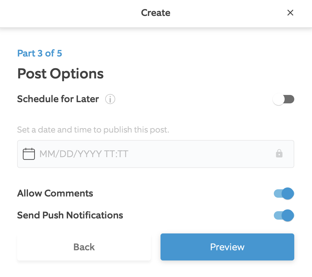 page highlight schedule for later, allow comments and enable push notifcations