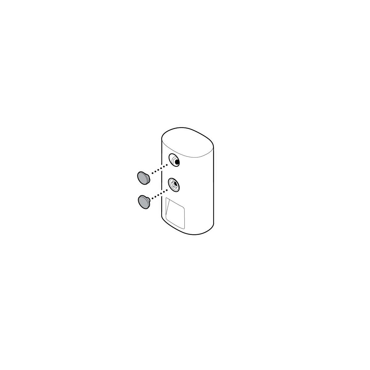 Illustration showing to remove the two rubber caps on the back of your camera.