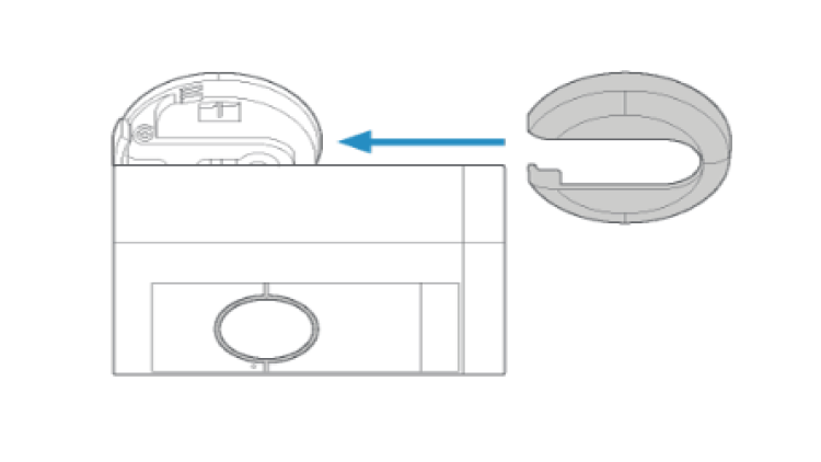 Illustration of how to slide the decorative cover back onto the camera mount and click it into place.