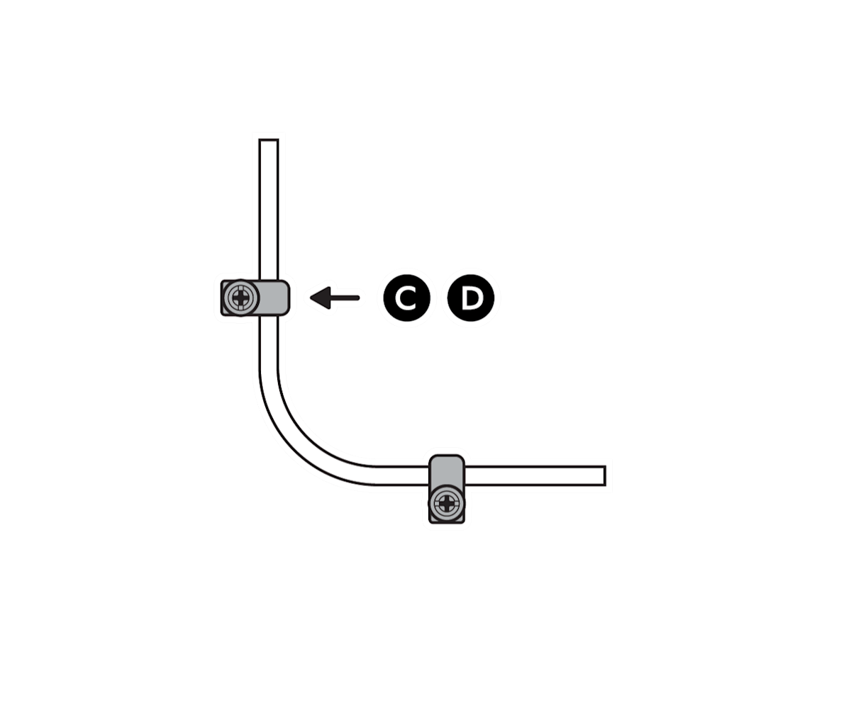 A cable secured with cable clips and screws labelled C and D.