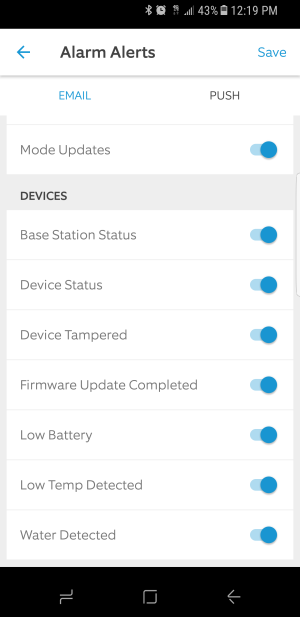 In-app screen showing list of devices toggles for email Alarm Alerts.