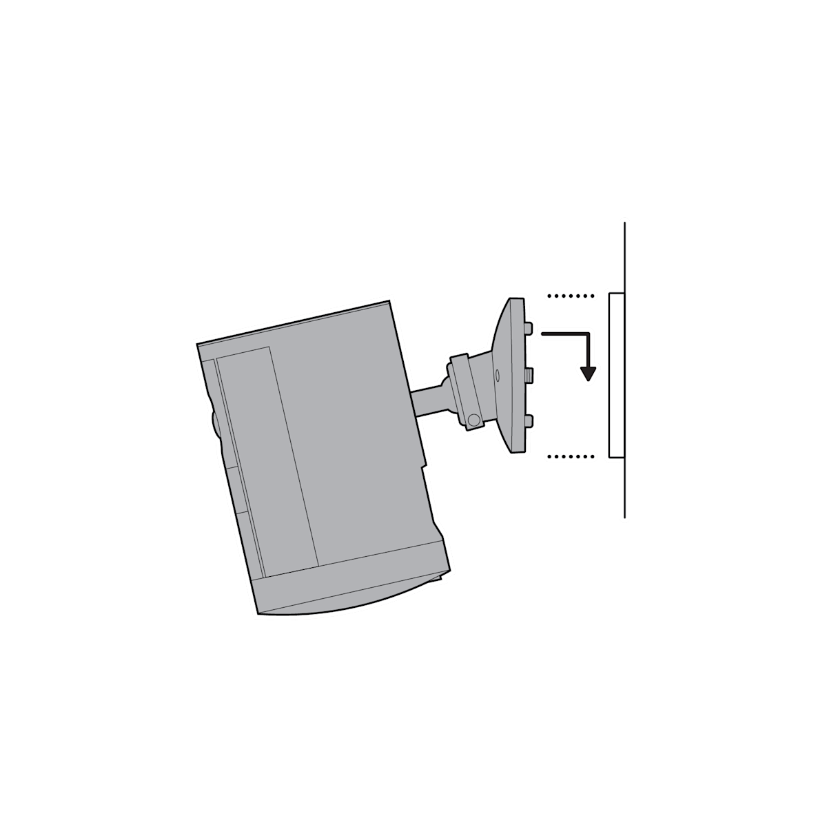 Spotlight Cam (2nd Gen) with an arrow pointing down to slide down and click and mount