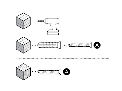 Illustration to show using a 1/4 in (6 mm) masonry bit to drill holes for the included wall anchors for stucco, brick, or concrete, and use just screws for wood installation.
