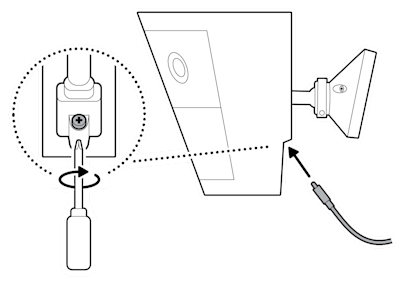An illustration of the Ethernet cable or USB-C cable being plugged in, with an example of the security screw being tightened for a USB-C cable.