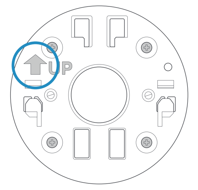 An illustration of a mounting plate with the arrow pointing up circled in blue.