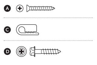 Illustration of two Phillips head screws, one longer (A) and one shorter (D), and one curved mounting clip (C) required for Candy Cam setup.