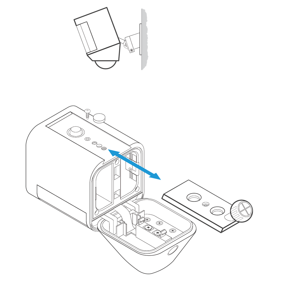 Illustration showing how to mount a Spotlight Cam on a wall with the ball joint pointing down on the mounting bracket.