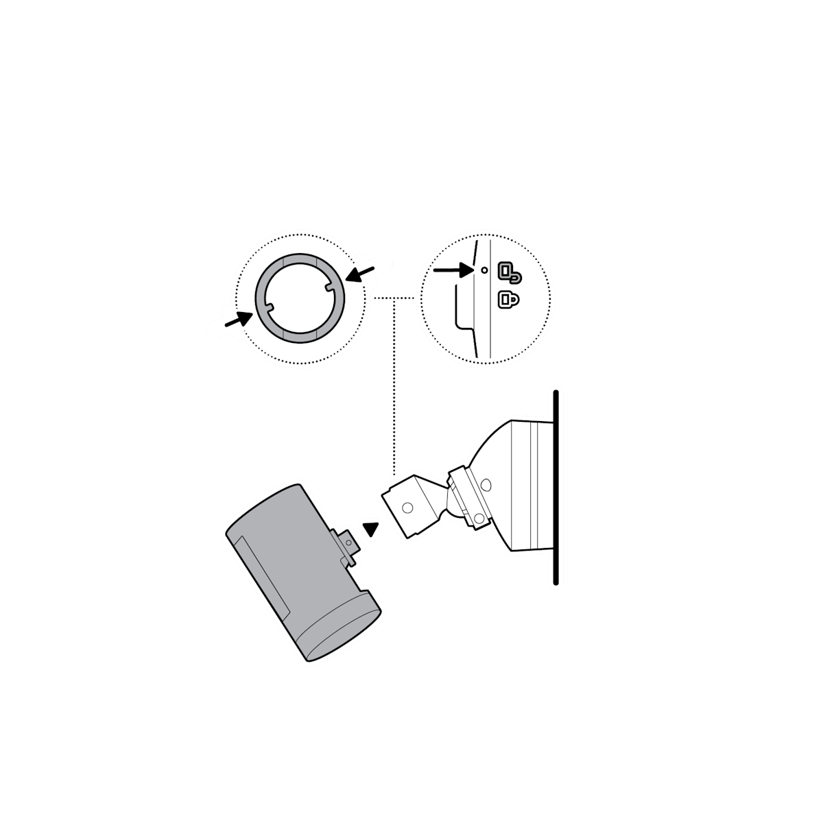 Two arrows pointing to the locking indicators on the hex joint, an arrow pointing to an open lock symbol on the mount, and an arrow from the hex joint to the socket.
