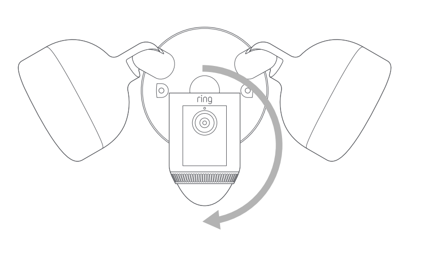 Arrow pointing downward clockwise right showing Floodlight Cam mounting to a wall rotating the camera downward