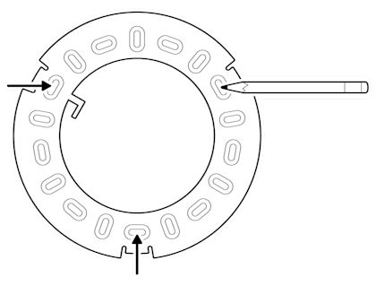 An illustration of the mounting plate being used as a guide to mark screw holes with a pencil.