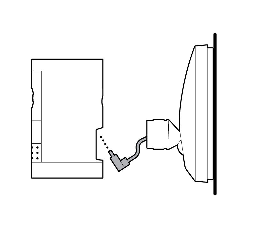 Illustration showing USB-C cable coming out of the junction box mount on the wall with a dotted line leading to cable port on the back of the camera.