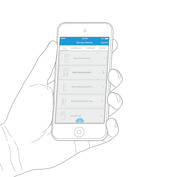 Illustration of a person selecting Video Doorbell Pro from the device list during setup in the Ring app.
