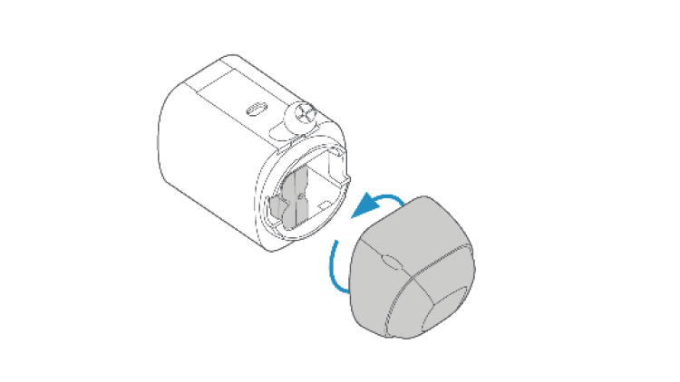 Illustration of how to twist the battery compartment counterclockwise to unlock and remove the cover.