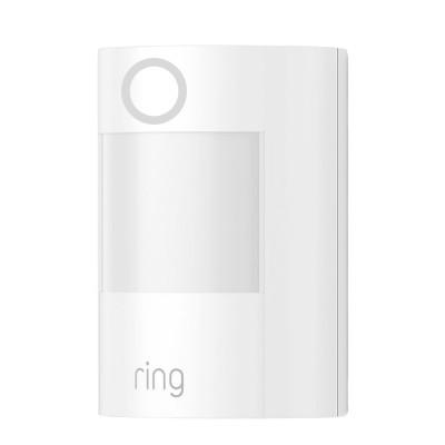 A motion detector with a blue circle LED light at the top flashing once and the word "ring" at the bottom.