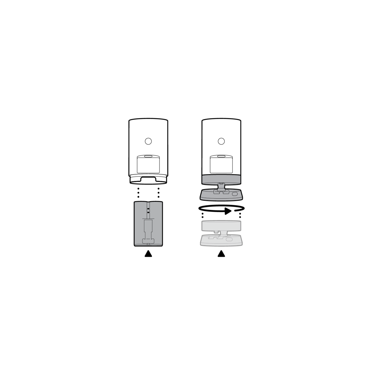 Illustration showing the battery pack being inserted and the battery compartment being twisted closed.