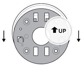 An illustration of the mounting plate being removed by sliding it in the opposite direction of the UP arrow on the plate.