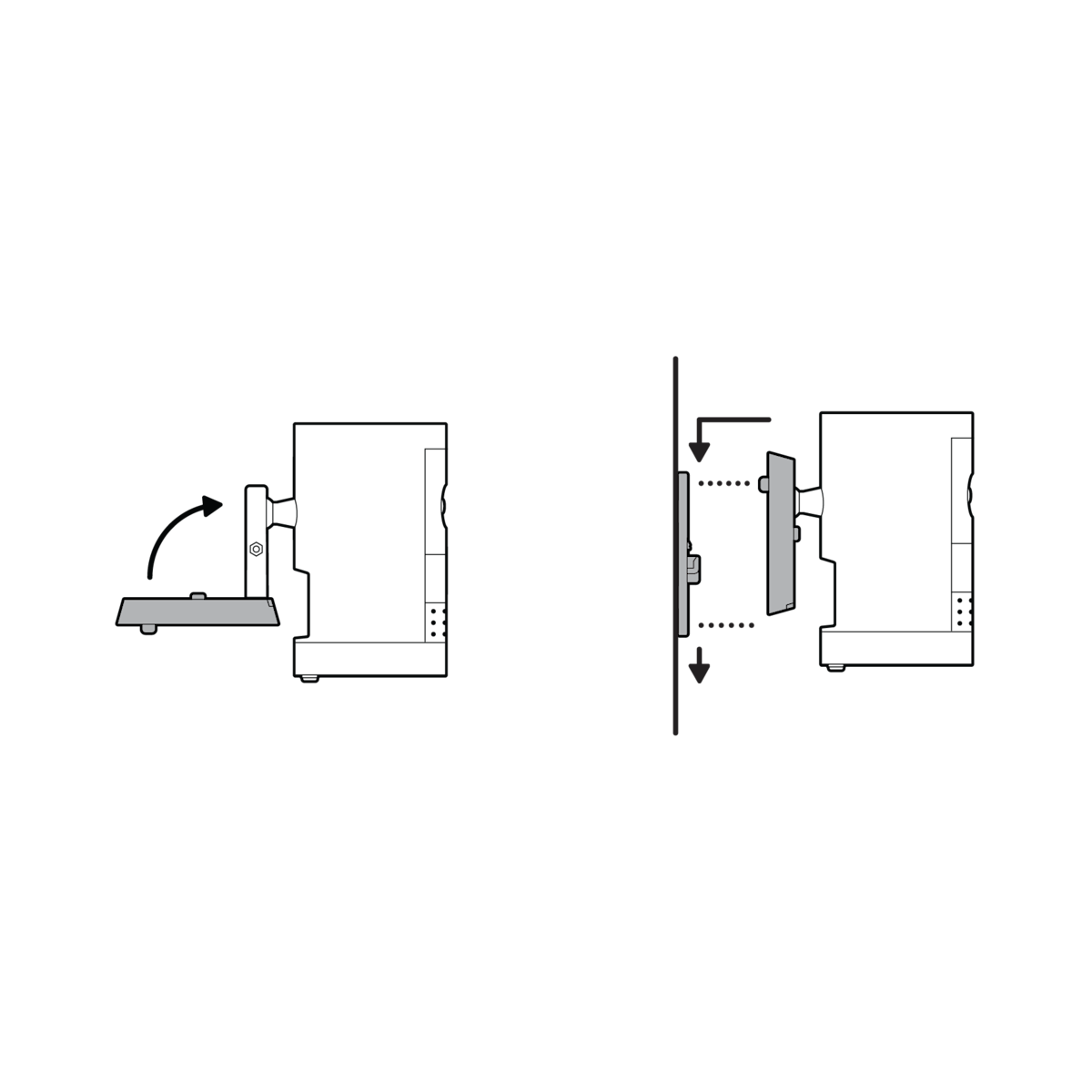 Illustration of how to clasp the camera mount and attach the camera to the mounting plate by sliding until you feel a click.
