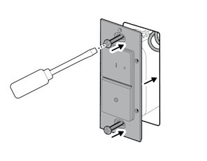 Illustration to show screwing the switch to secure it, with the wires tucked into the electrical box.