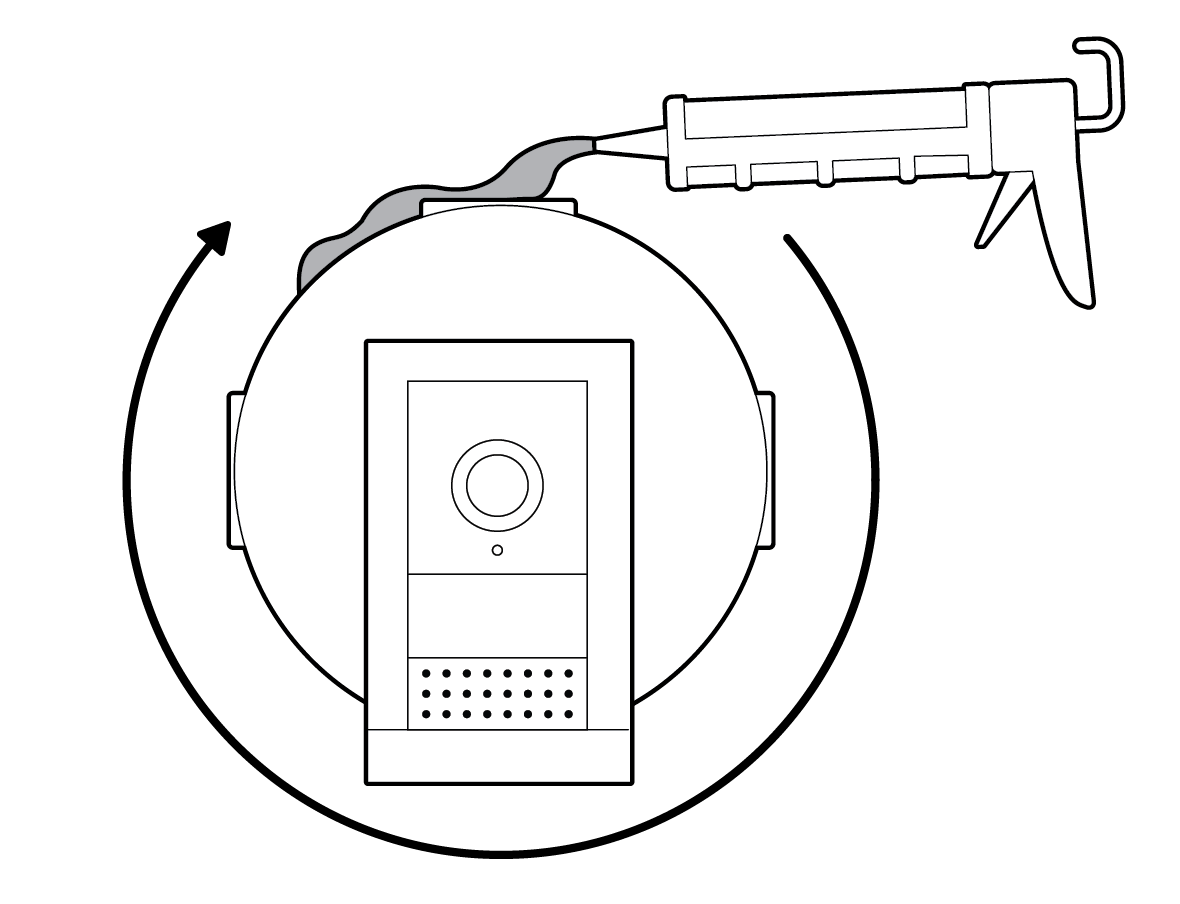 Illustration showing application of silicone or caulk around the junction box knockouts, between the junction box and junction box cover mount, and between the junction box and mounting surface.