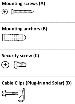 Illustration of the hardware included with the Outdoor Cam (Battery, Solar, and Plug-In).