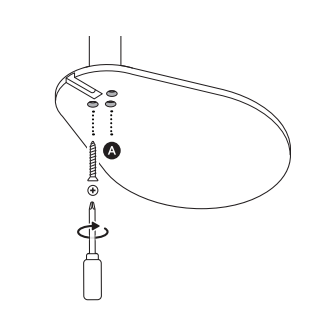 Illustration of three screws (A) with plus signs, dotted lines leading to holes, and a screwdriver with an arrow circling right showing securing the base.