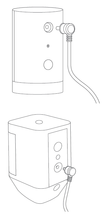 
Illustration of the back of a Stick Up Cam and a barrel plug next to it showing how to plug a solar panel or plug-in adapter into the camera.
