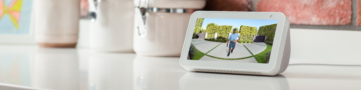 An Amazon Echo Show 5 displaying a delivery person bringing a package to a homeowner's front door.