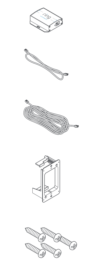 Illustration of the Elite Power Kit, 3-foot Ethernet cable, 50-foot Ethernet cable, mounting bracket, and mounting screws.