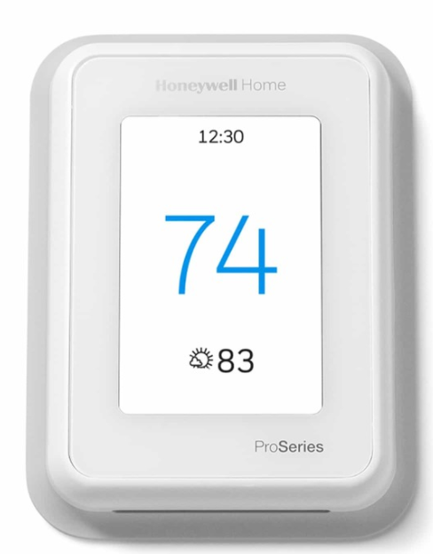 Honeywell Home Thermostat that displays a time of day, the room temperature and the outside forecast in degrees Fahrenheit. 